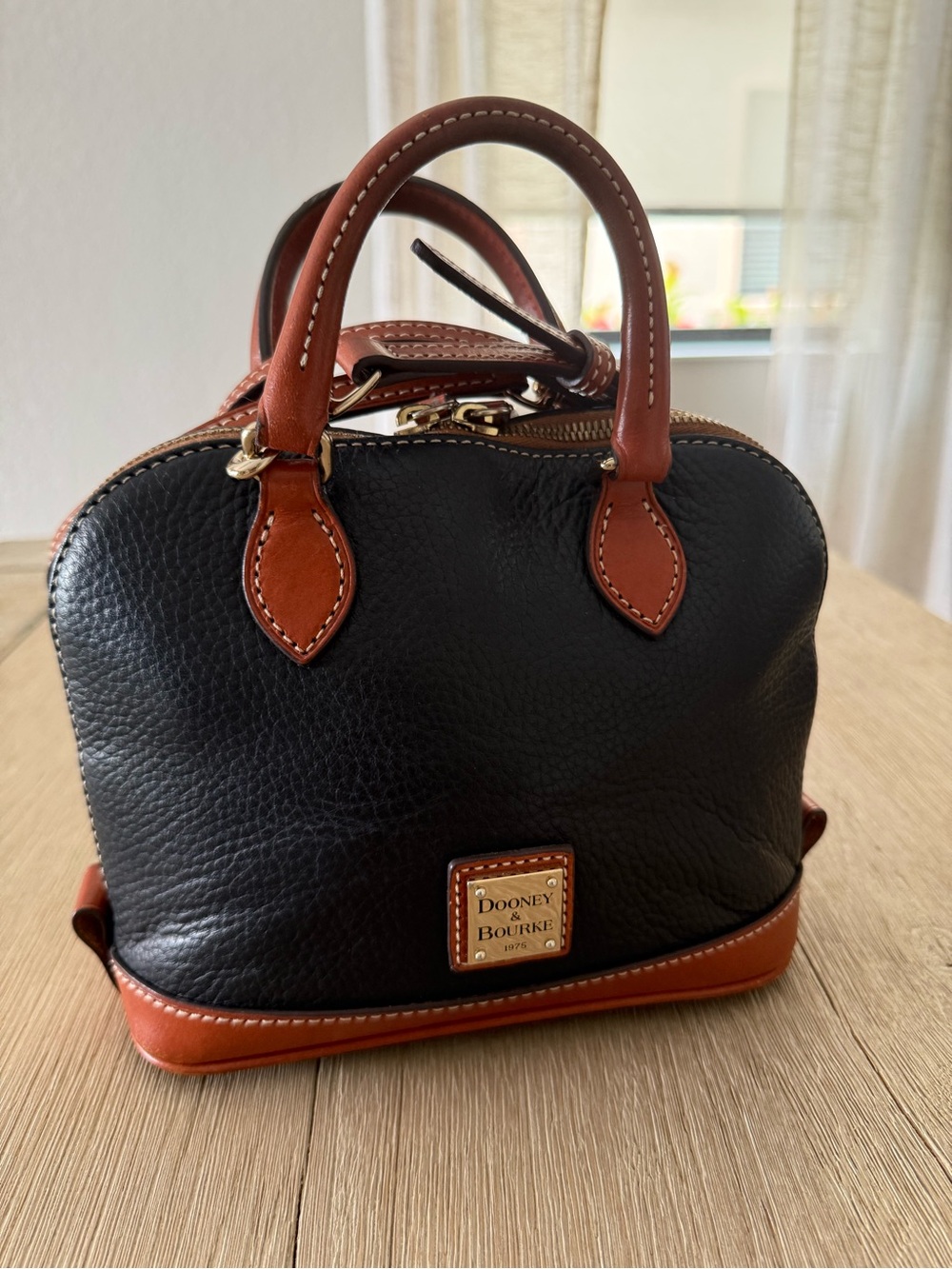 Dooney & Bourke Black Leather Mini Zip zip Satchel with Brown Trim